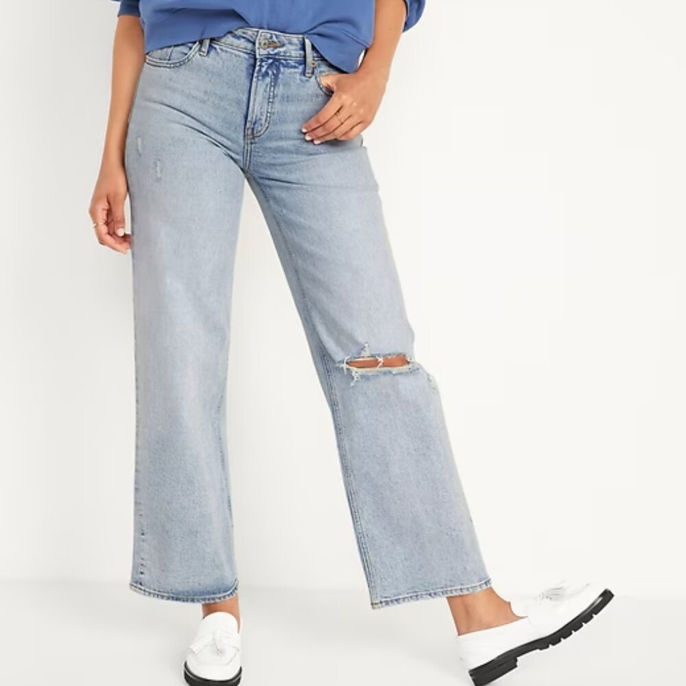 NEW NWT! OLD NAVY MID-RISE WIDE LEG JEANS RIPPED LIGHT WASH STRETCH DENIM sz 22 - Picture 1 of 6